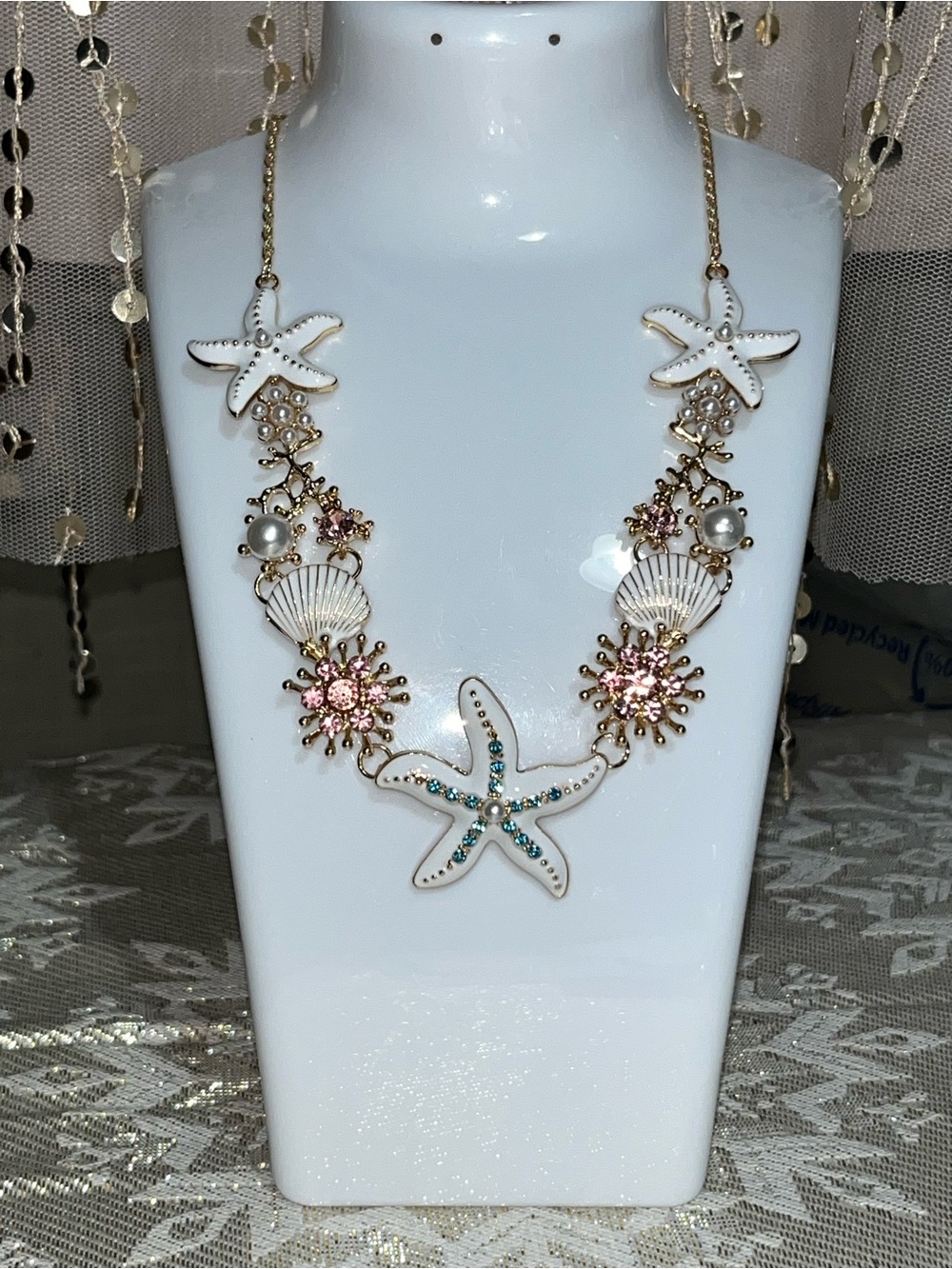 Beachy Starfish Rhinestone Pearl Seashell Necklace NEW!